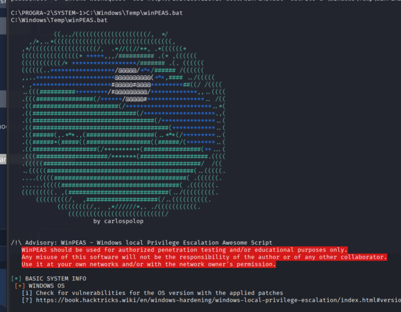 winPEAS.bat starting on the target with characteristic ASCII art banner